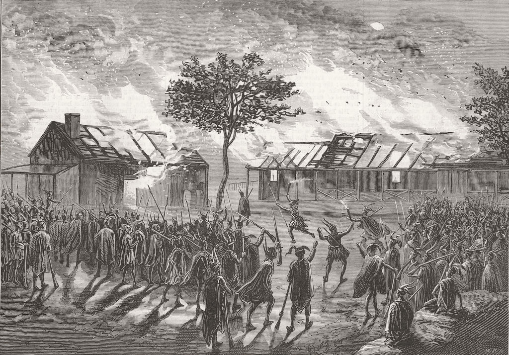 SOUTH AFRICA. Gaikas burning the Draaibosch Hotel 1878 old antique print