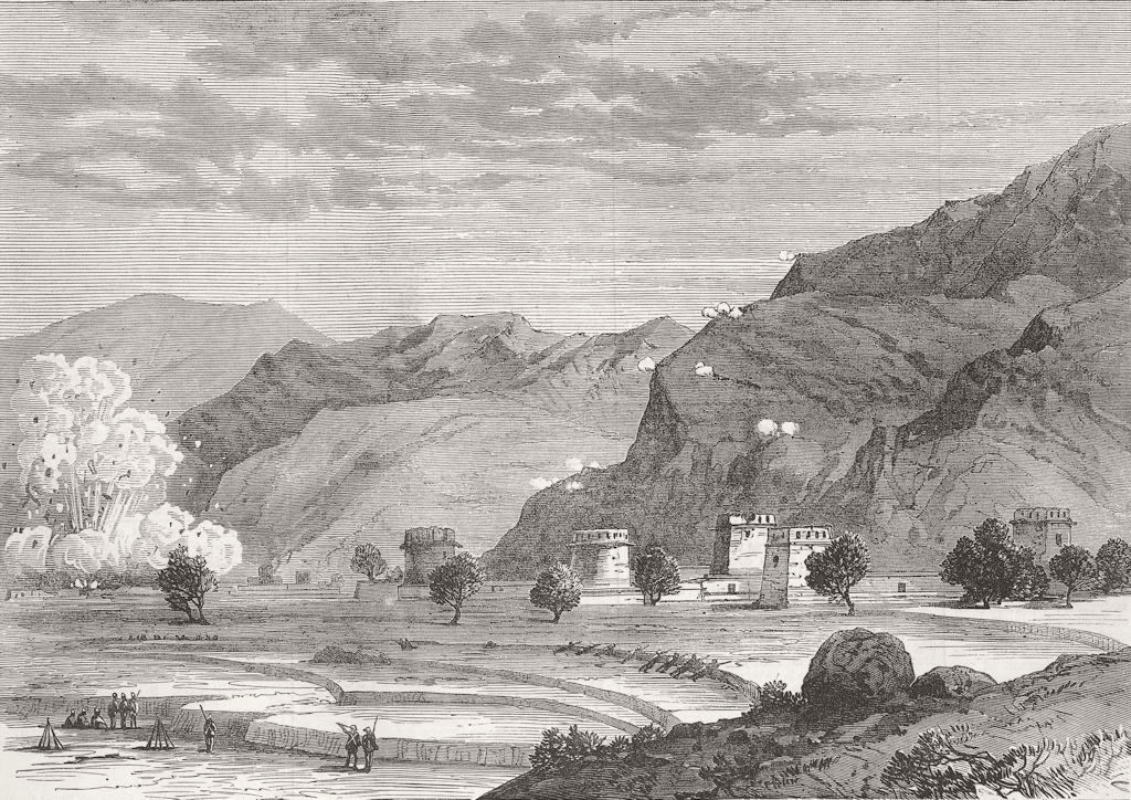 PAKISTAN. Jowaki Expedition. Blowing Up A Tower 1878 old antique print picture