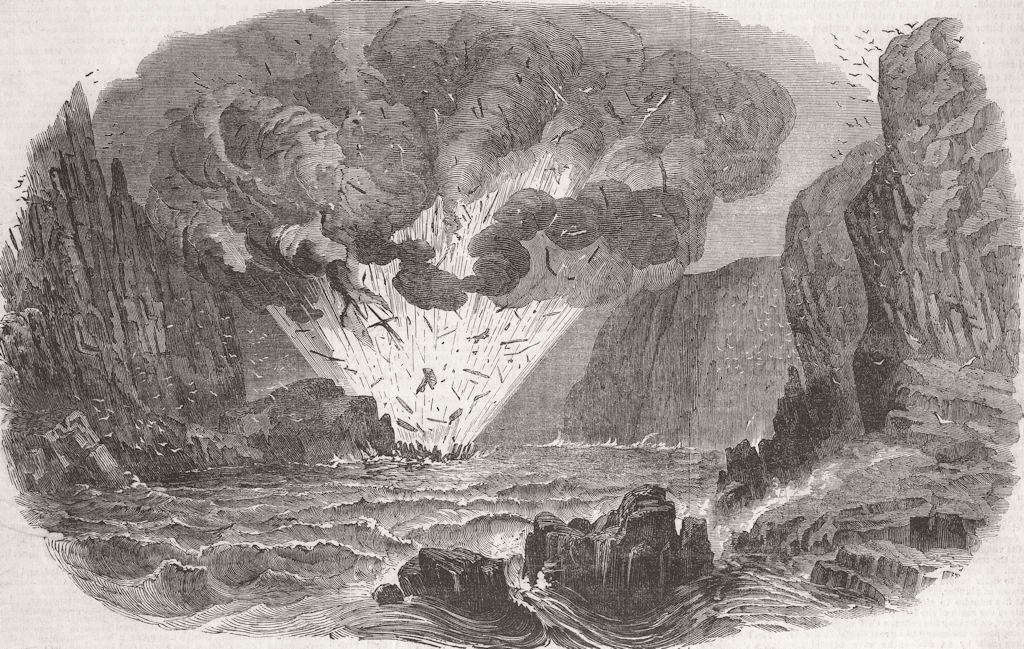 IOM. Terrific Explosion at the Calf of Man 1853 old antique print picture
