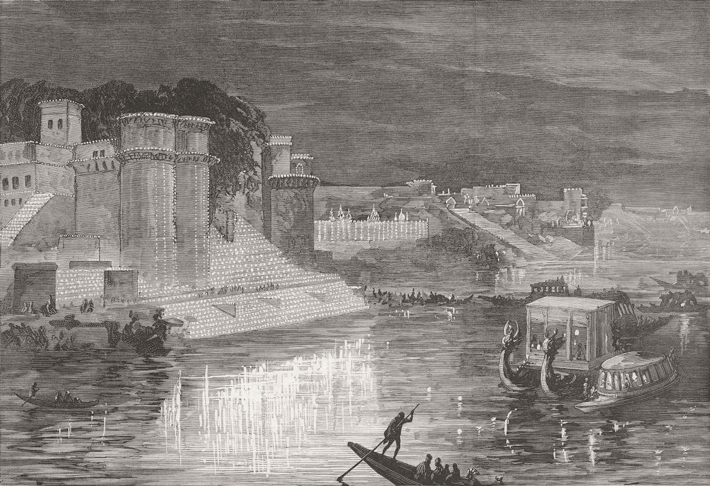 Associate Product INDIA. lights at Varanasi for Prince of Wales 1876 old antique print picture
