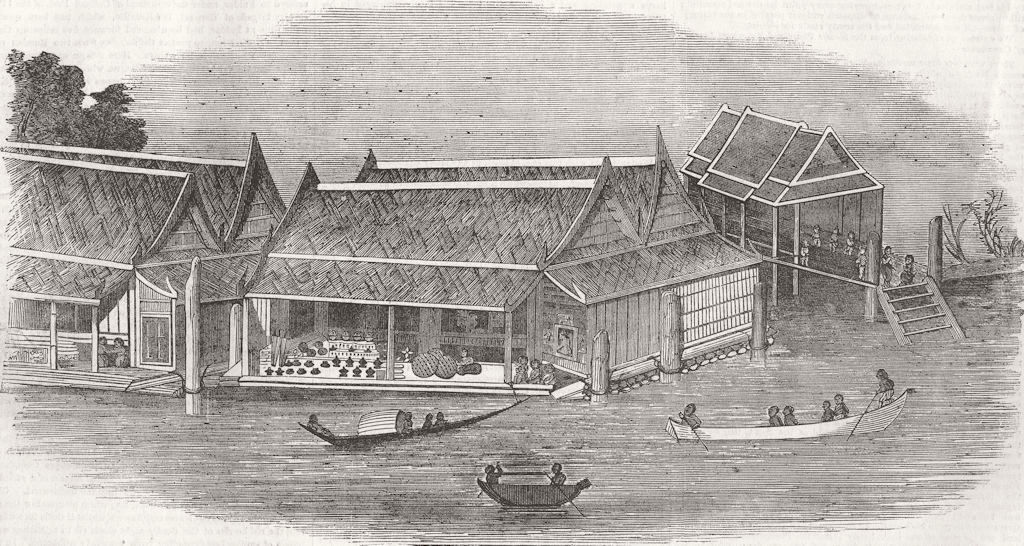 THAILAND. Thai Floating House, on The River Menam 1855 old antique print