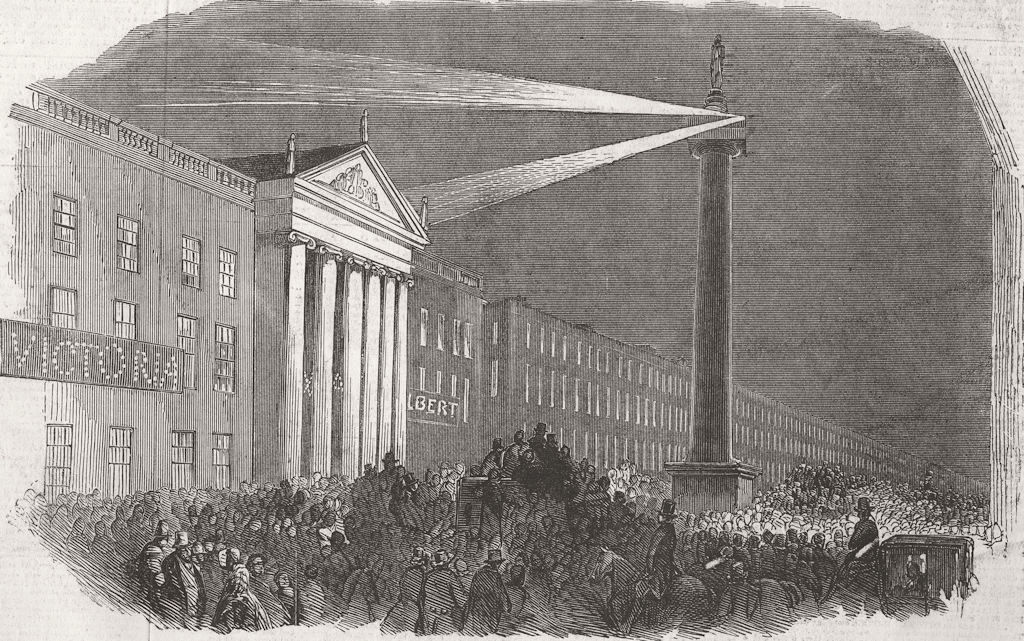 IRELAND. Lights, Nelsons Column, Sackville St, Dublin 1849 old antique print