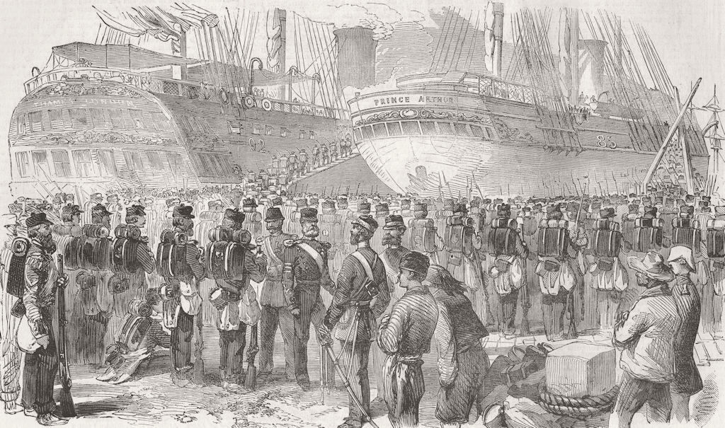 UKRAINE. Crimean War. Evacuation-34th Regt boarding 1856 old antique print