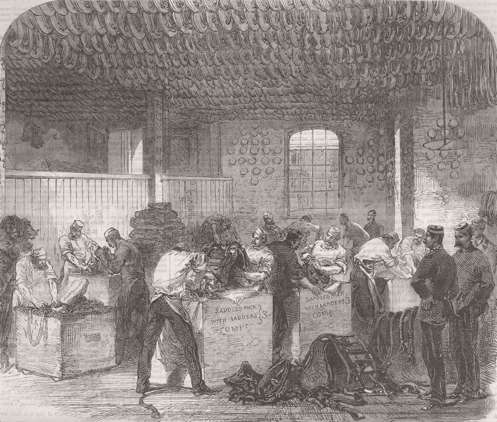 LONDON. Packing Saddlery in Woolwich Dockyard 1867 old antique print picture