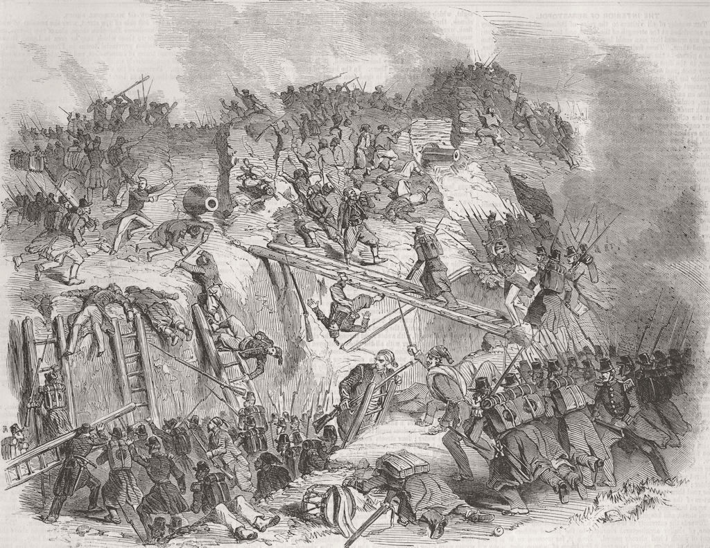 UKRAINE. Battle of Malakhov. Storming the Malakhov 1855 old antique print
