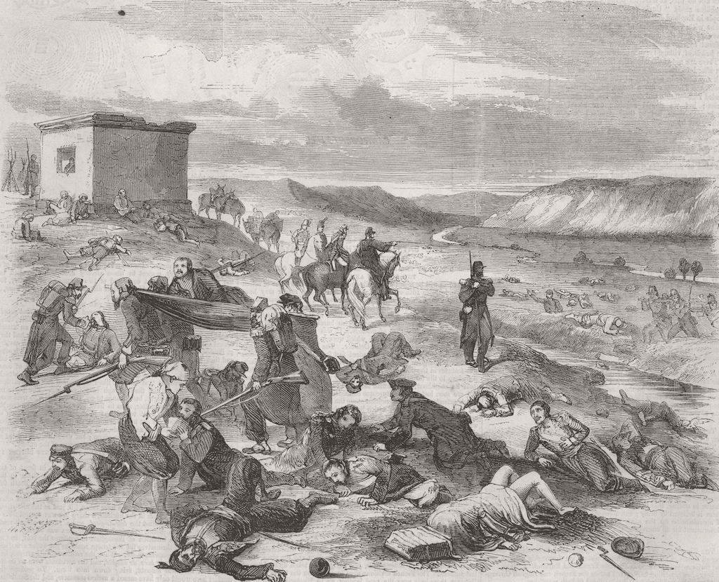 UKRAINE. Battle of Chernaya River. Wounded troops 1855 old antique print