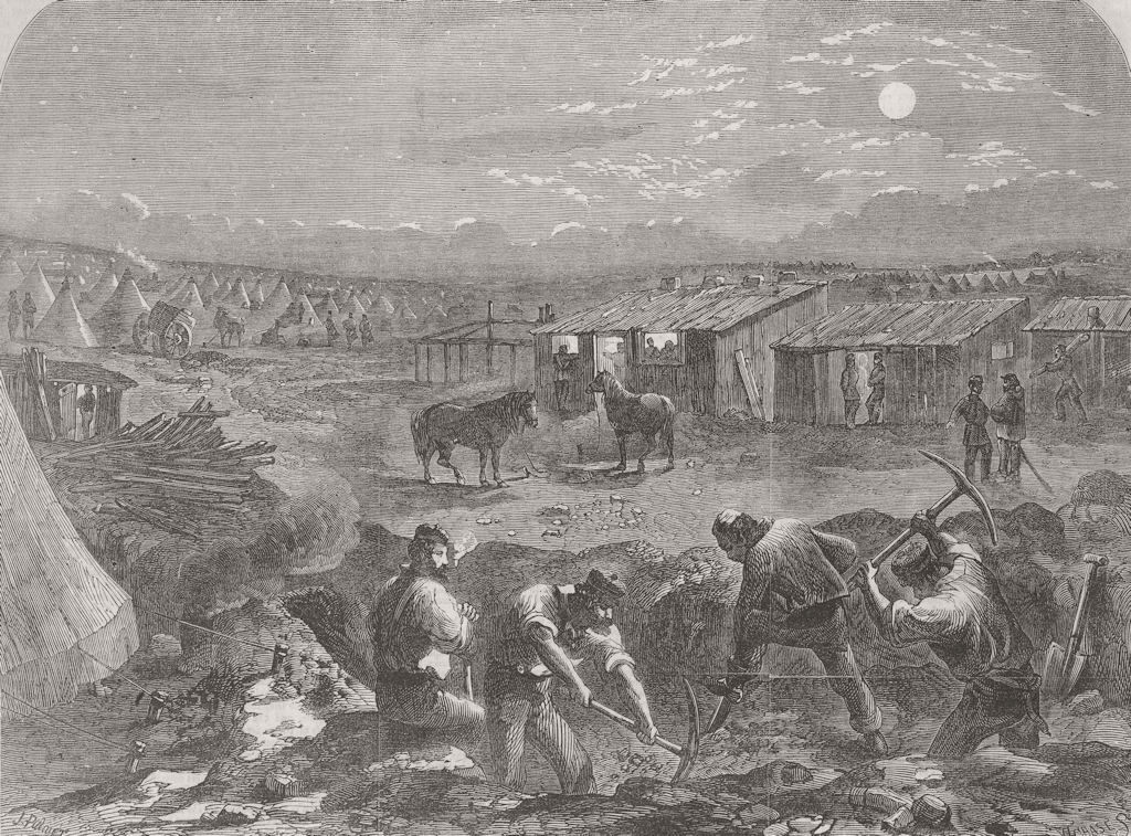 UKRAINE. Digging out houses by moonlight, Crimea 1856 old antique print