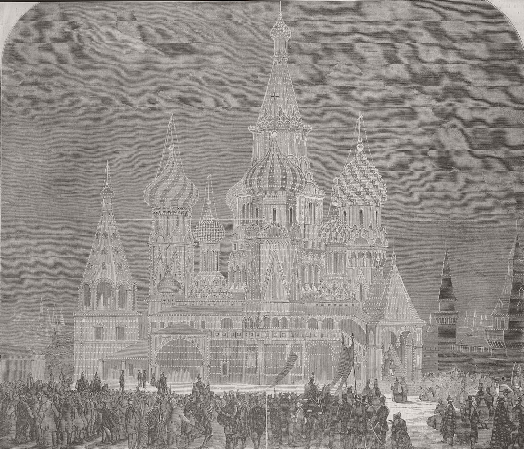 RUSSIA. Cathedral of St Basil, Moscow, lit up 1856 old antique print picture