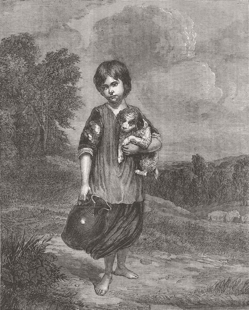 CHILDREN. A girl with a pitcher 1862 old antique vintage print picture