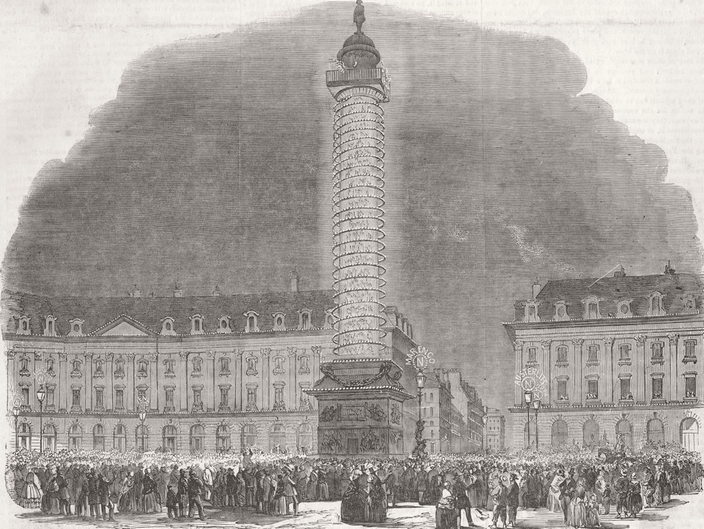 FRANCE. Column, Place Vendome, lit up 1852 old antique vintage print picture