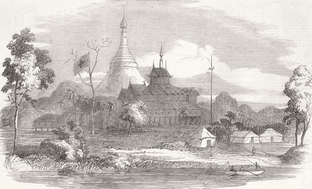 BURMA. Field Hospital used during attack on Yangon 1852 old antique print