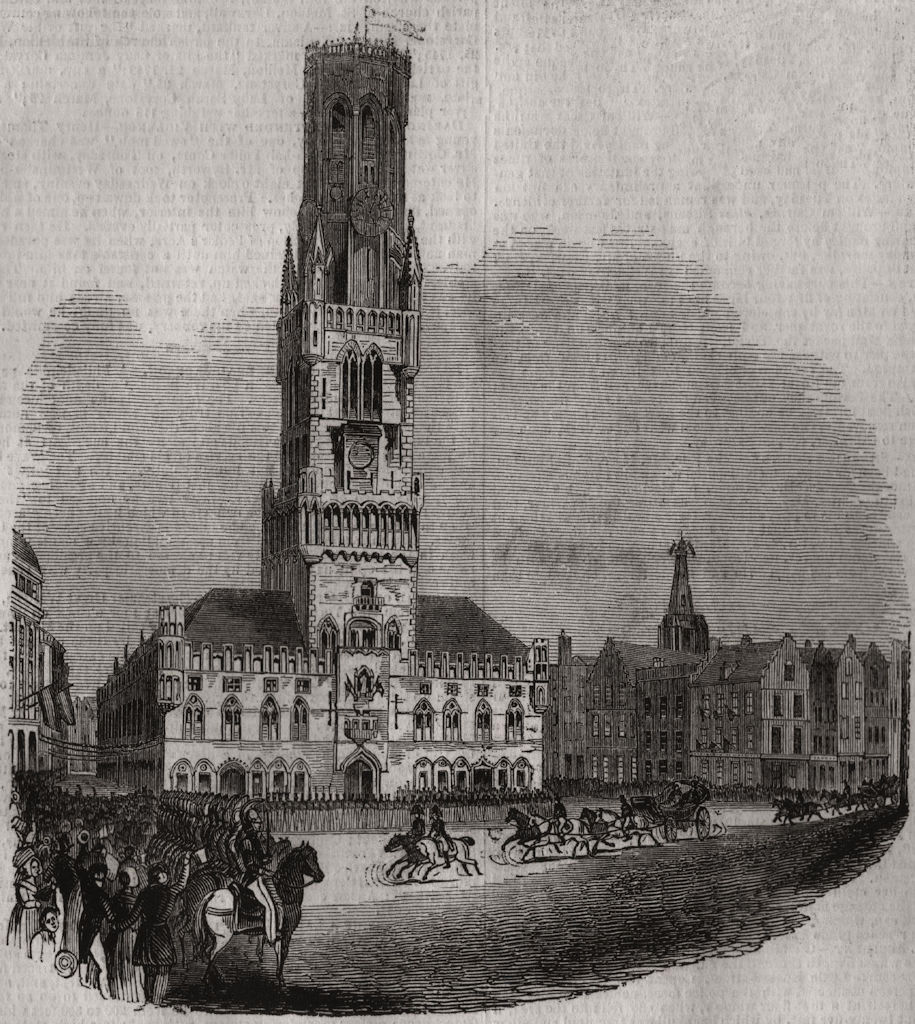 BELGIUM. The Beffroi Brugge 1843 old antique vintage print picture