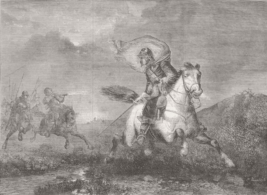 Associate Product HORSES. The Escape. Soldier in armour being pursued & shot at 1864 print