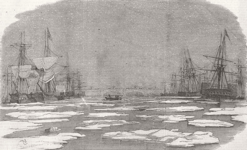 LONDON. Thames below bridge, during frost 1854 old antique print picture