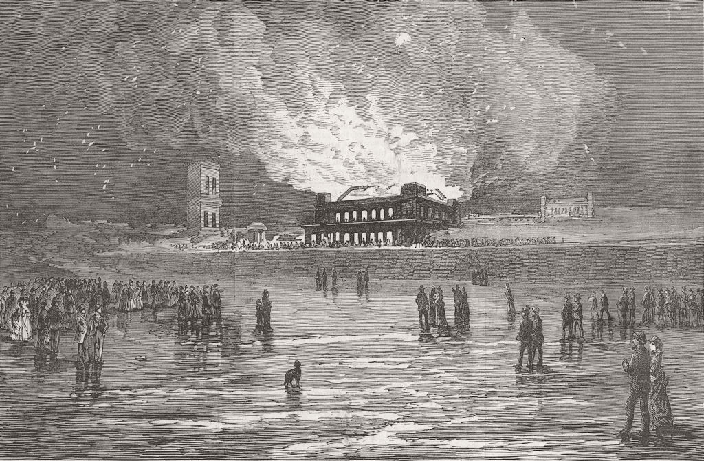 YORKS. Burning of Scarborough Spa Saloon 1876 old antique print picture