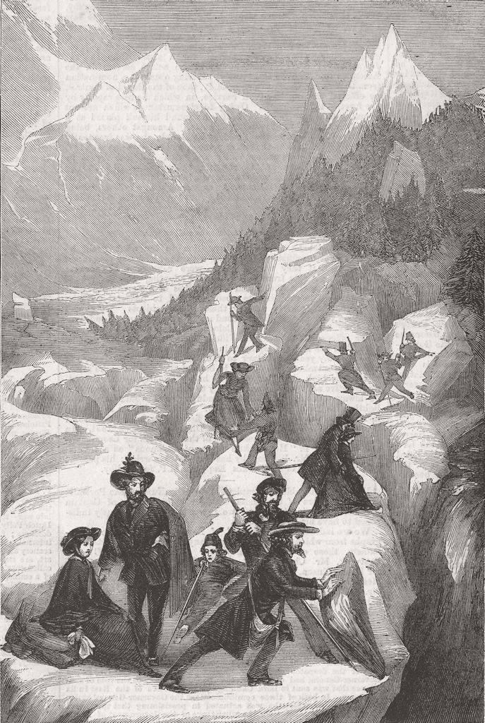FRANCE. Party of tourists crossing Mer de Glace 1858 old antique print picture