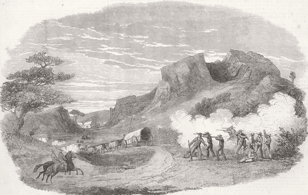 SOUTH AFRICA. Xhosa War. Attack on wagons, Fish River 1852 old antique print