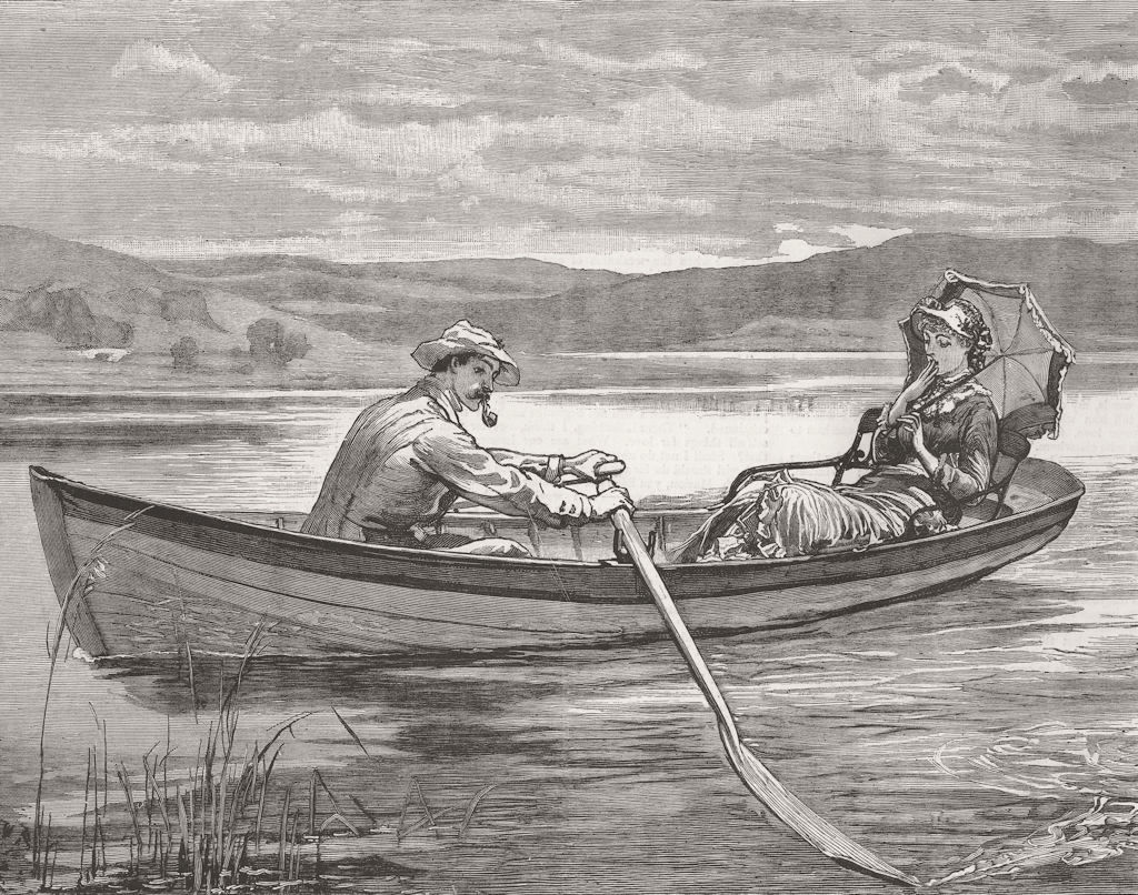 ROMANCE. Castle Hautboy, lovers, boat, lake 1882 old antique print picture