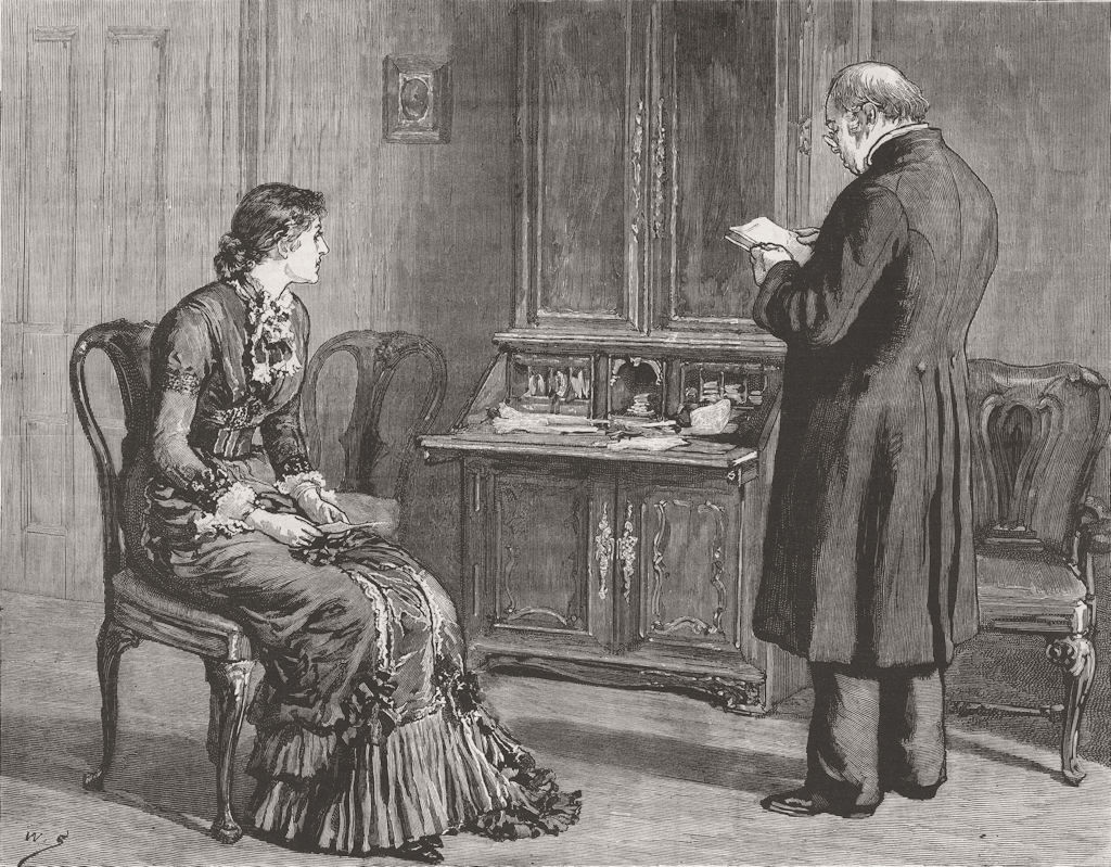 SOCIETY. Gentleman & lady bitching about Frances 1882 old antique print