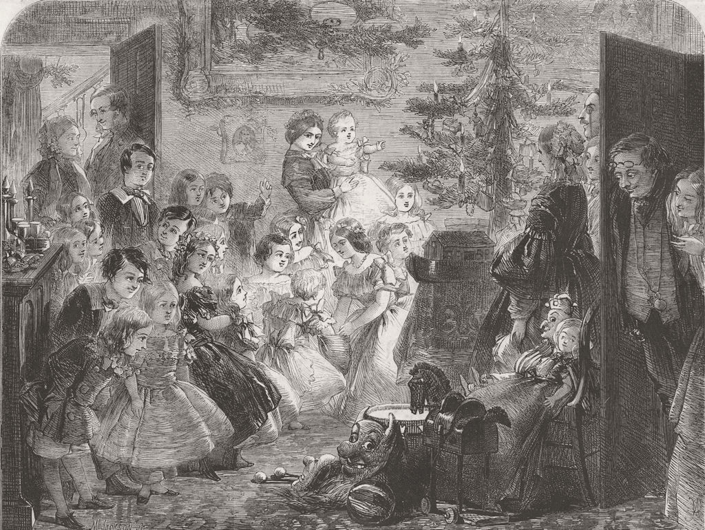 CHRISTMAS TREE. Family, Victorian Xmas 1858 old antique vintage print picture