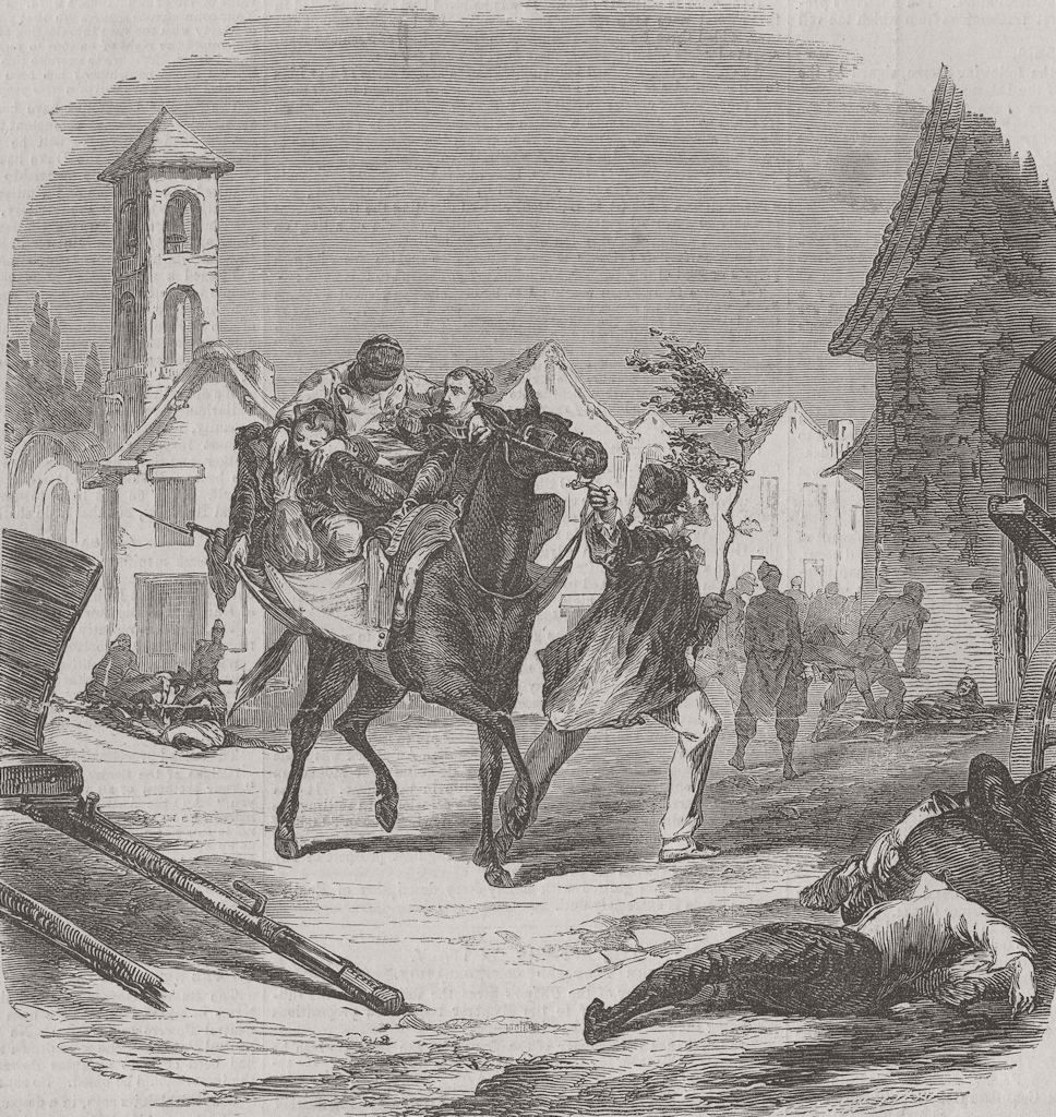 ITALY. Pierre Bry taking wounded to Medole 1859 old antique print picture