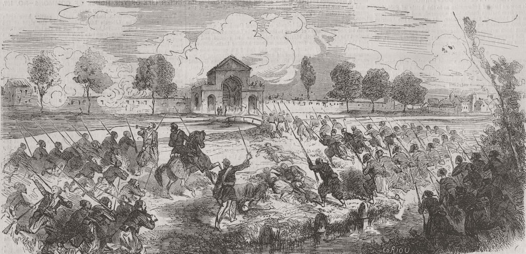 ITALY. Attack upon cemetery, Melegnano 1859 old antique vintage print picture