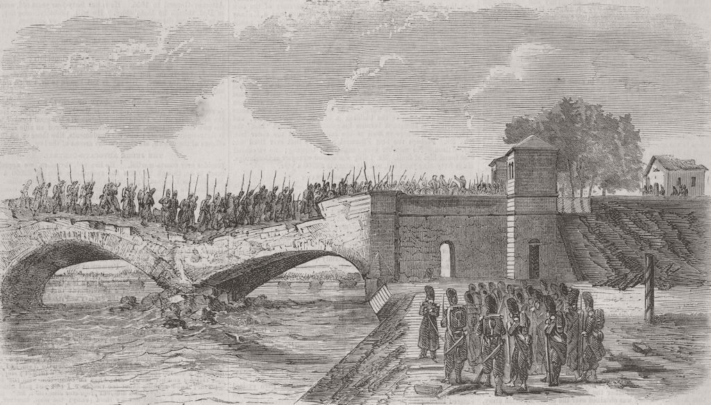ITALY. French troops crossing bridge of Buffalora 1859 old antique print