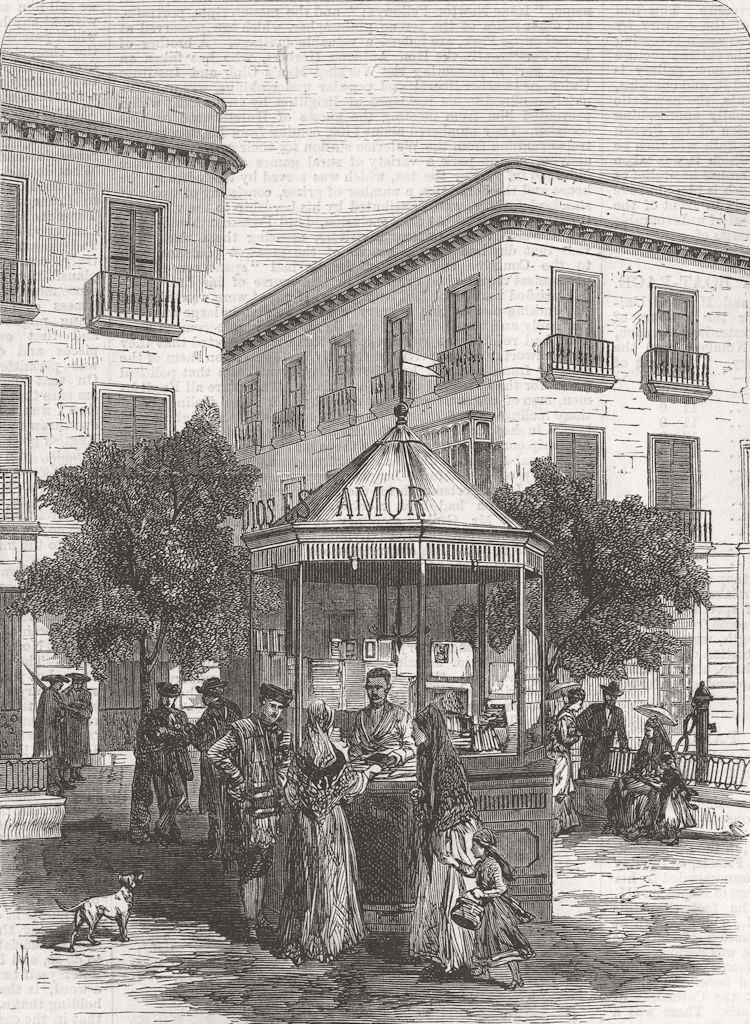SPAIN. Kiosk for sale of Bibles, Seville 1869 old antique print picture