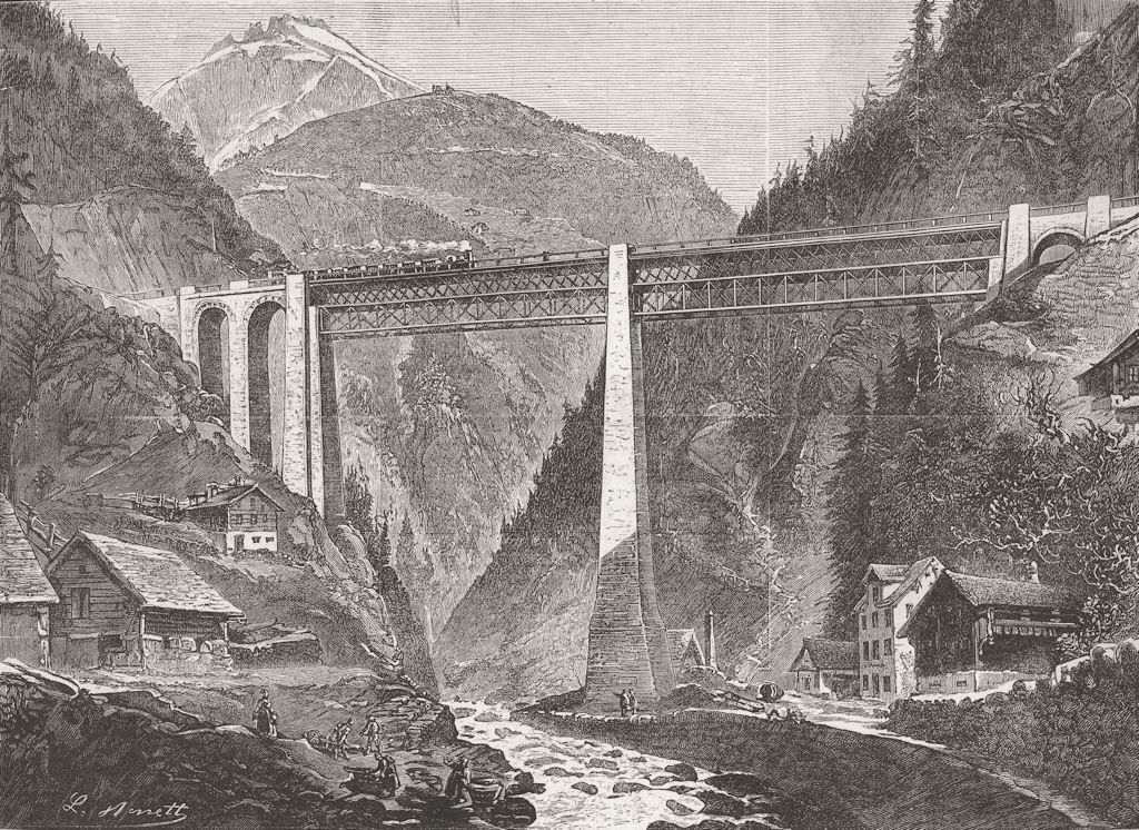 SWITZERLAND. Maderan Valley railway viaduct 1882 old antique print picture