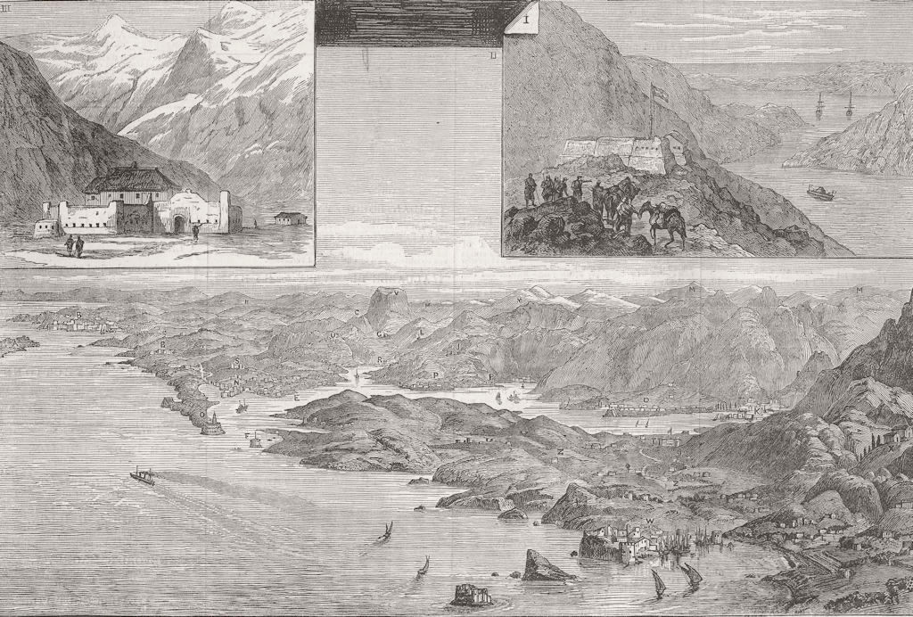 MONTENEGRO. Ft Dragalj; Panorama; Fort Ledenice 1882 old antique print picture