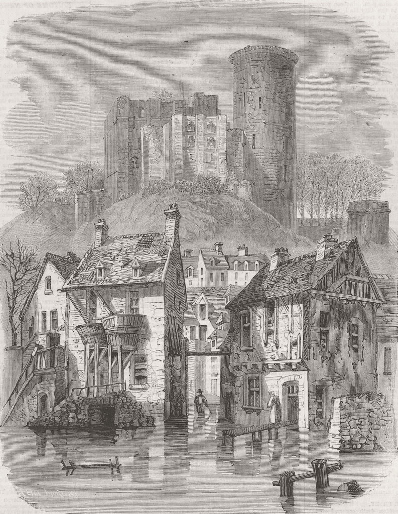 FRANCE. Floods, Normandy-Chateau De Falaise 1860 old antique print picture
