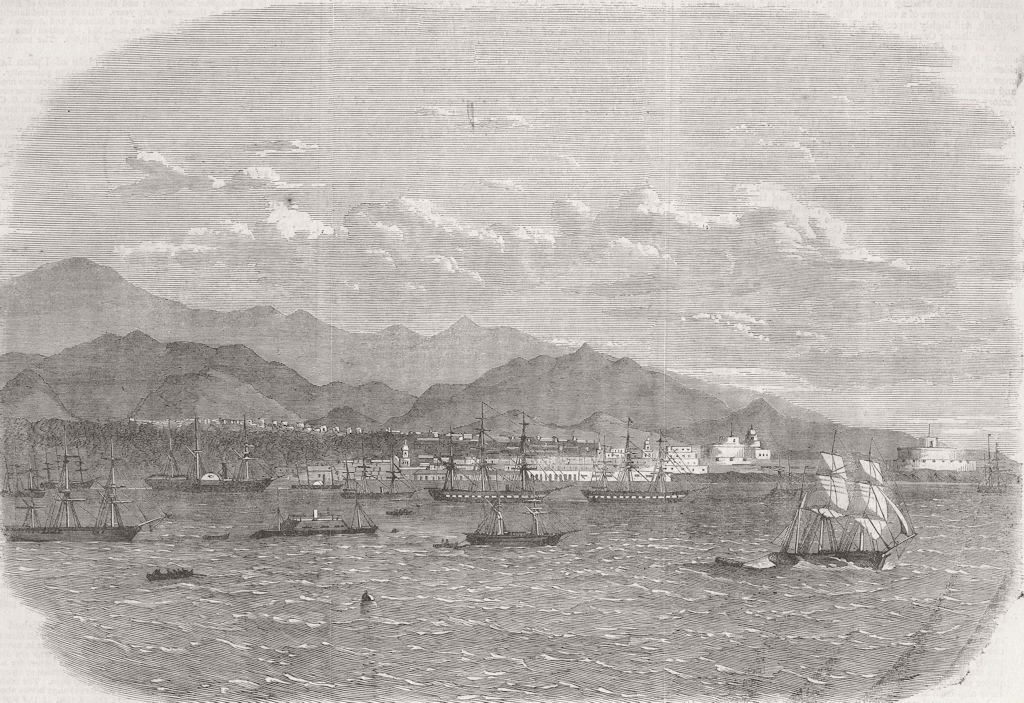 PERU. Harbour of Callao, with Peruvian Fleet 1865 old antique print picture