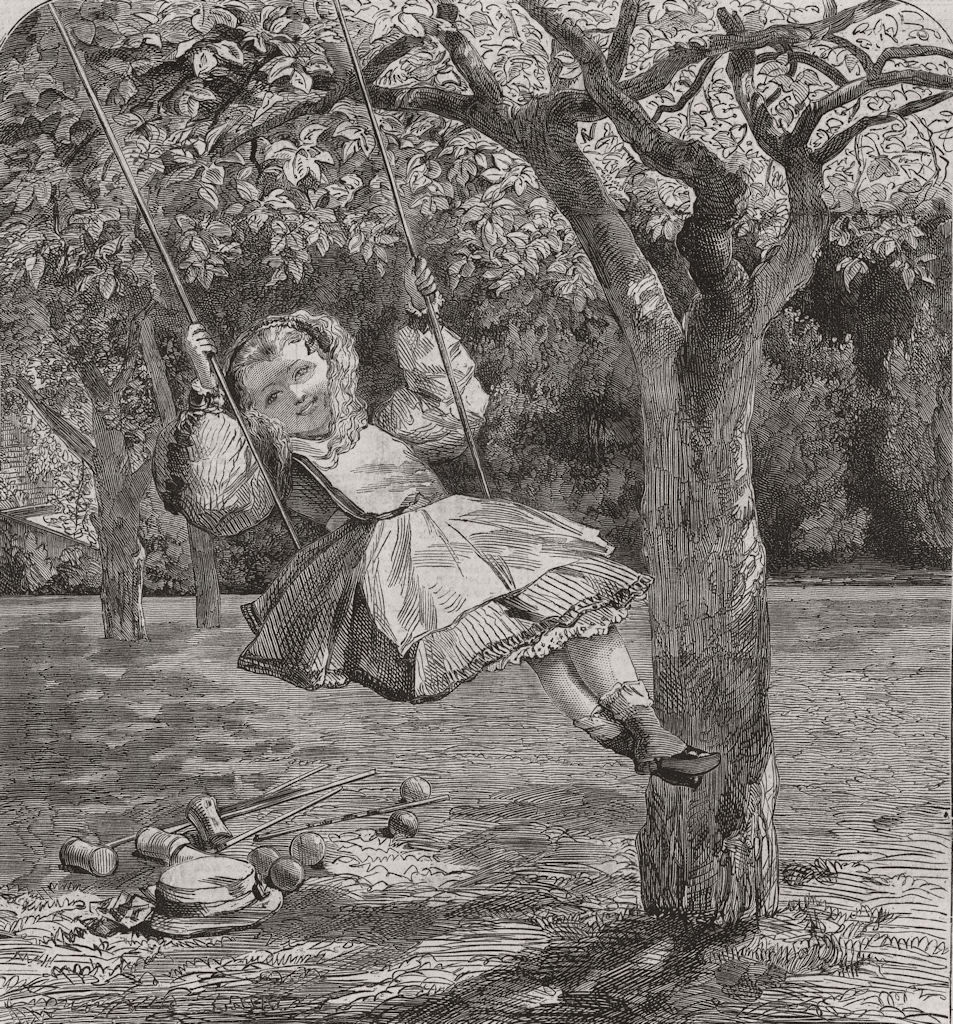 CHILDREN. Girl on a swing in a garden 1864 old antique vintage print picture