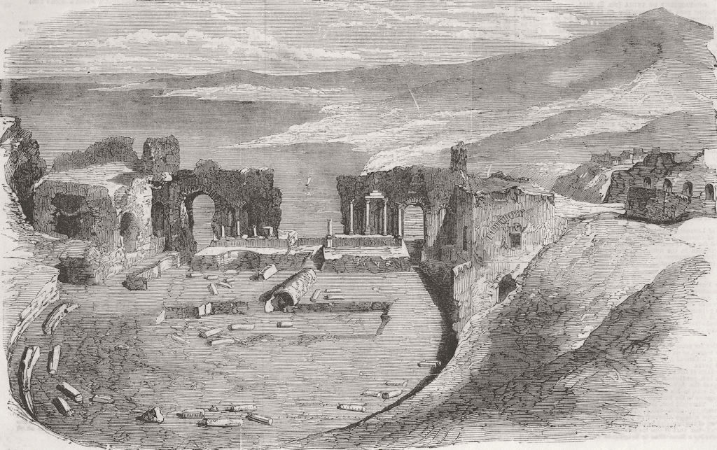 ITALY. Ruins of theatre, Taurominium-Mount Etna 1858 old antique print picture