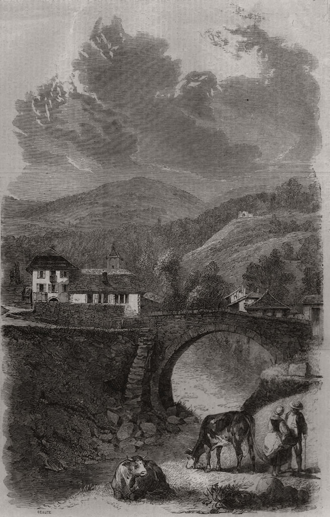 FRANCE. Village & bridge of Sallanches 1860 old antique vintage print picture