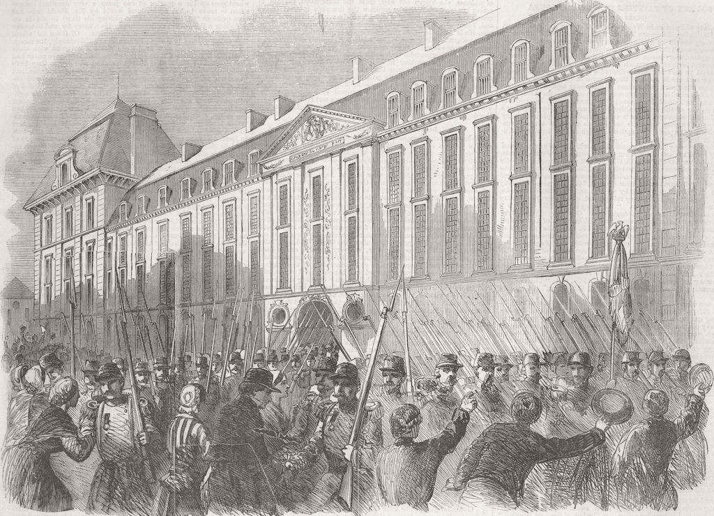 Associate Product FRANCE. Troops leaving Prince Eugene Barracks, Paris 1859 old antique print
