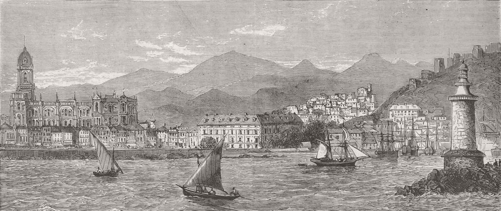 SPAIN. In harbour at Malaga 1879 old antique vintage print picture