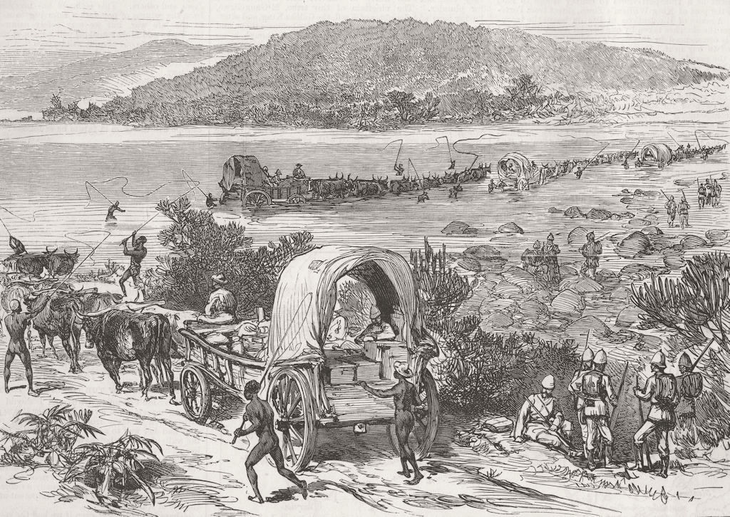 SOUTH AFRICA. Xhosa War. Wagons crossing the Kei River 1878 old antique print