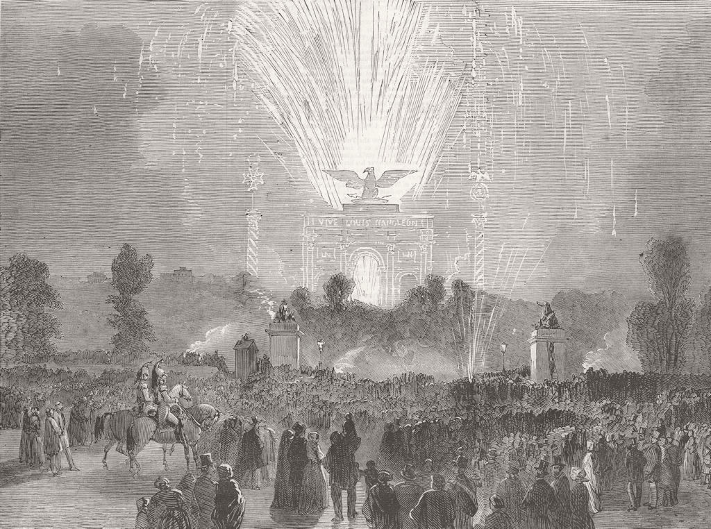 FRANCE. Military Fetes, Paris-fireworks 1852 old antique vintage print picture