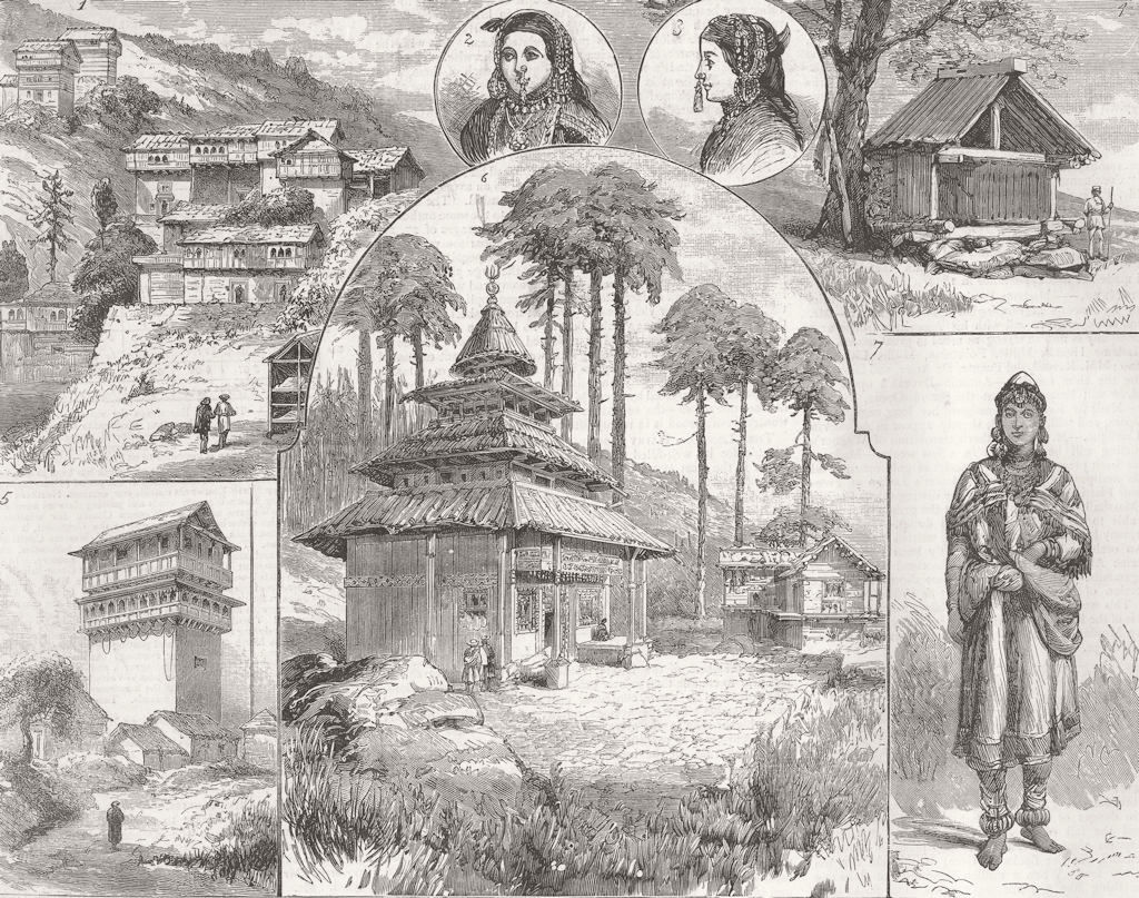 INDIA. Kooloo village & Doongree temple 1855 old antique vintage print picture