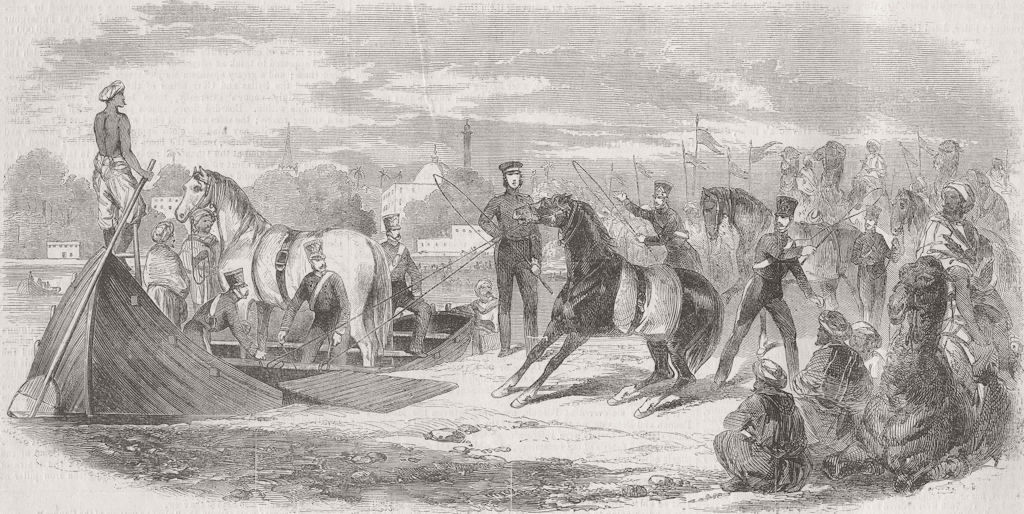 INDIA. Cavalry crossing ferry, Allahabad 1857 old antique print picture