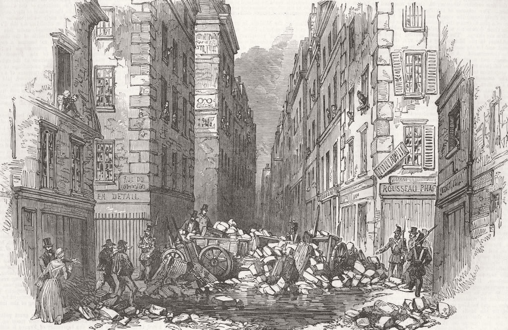 FRANCE. Coup. Barricade, Rue de Grandes Audriettes 1851 old antique print