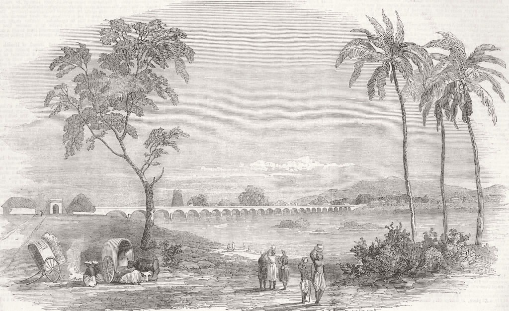 INDIA. Bridge built, River Corvery Bhowanee, Chennai 1851 old antique print