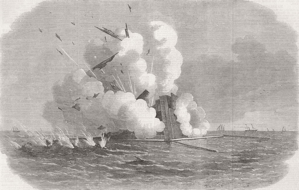 SHOEBURYNESS. Warrior target hit by Armstrong gun 1864 old antique print