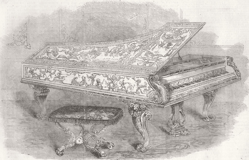 ROYALTY. Pianoforte, manufactured for Queen 1856 old antique print picture