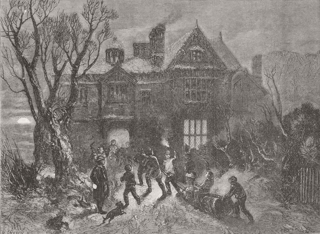 CHRISTMAS. Bringing home the Yule Log 1854 old antique vintage print picture