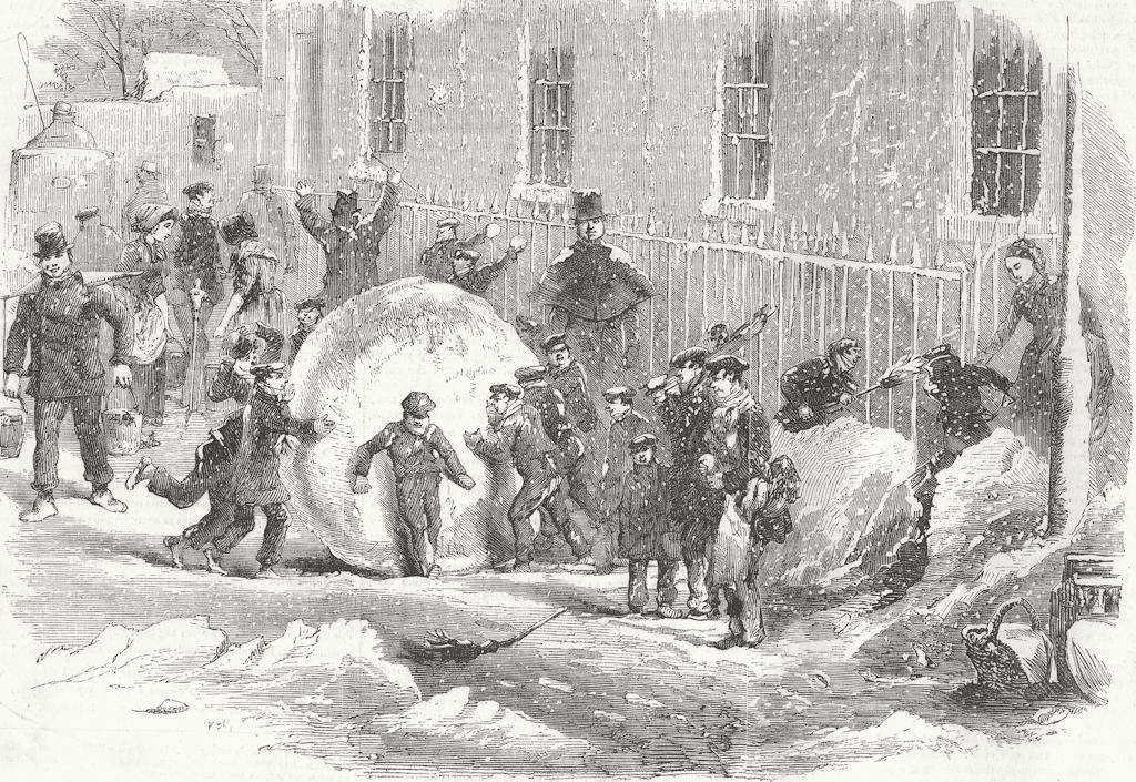 CHILDREN. Gathering as it goes, or monster snowball 1855 old antique print