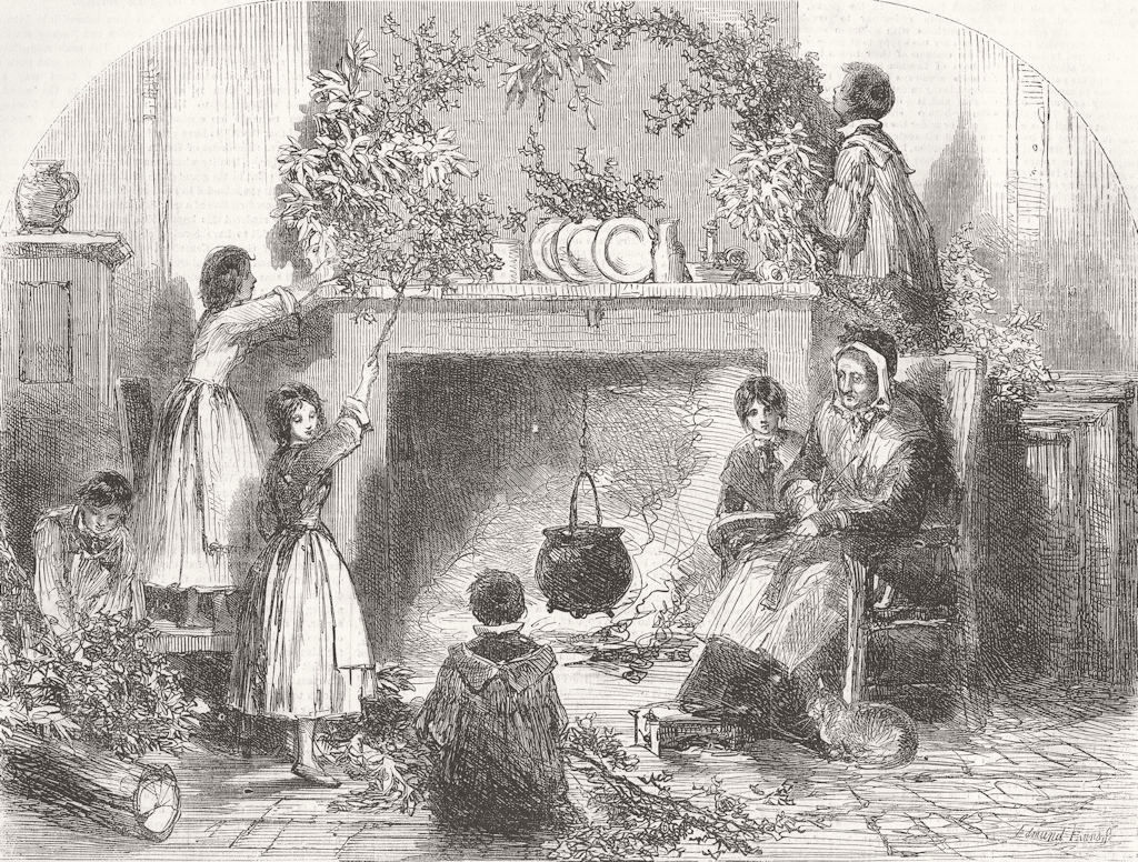 FAMILIES. Christmas-eve-Putting up holly, mistletoe 1855 old antique print