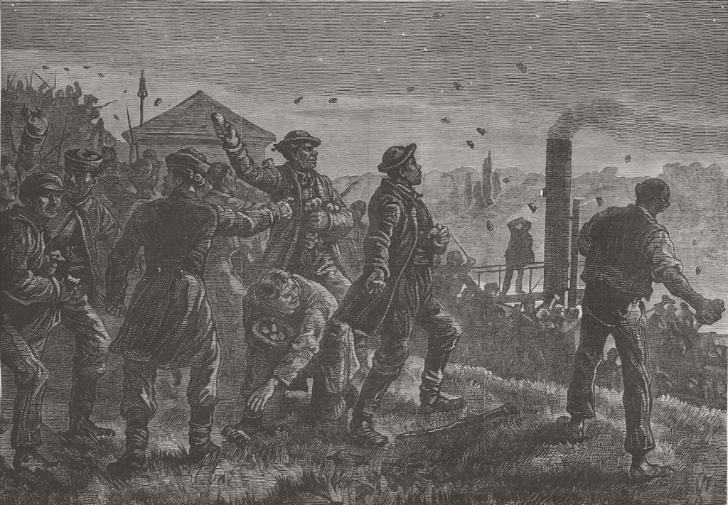 Assault on German students by Slavs, Kuchelbad, near Prague 1880 old print