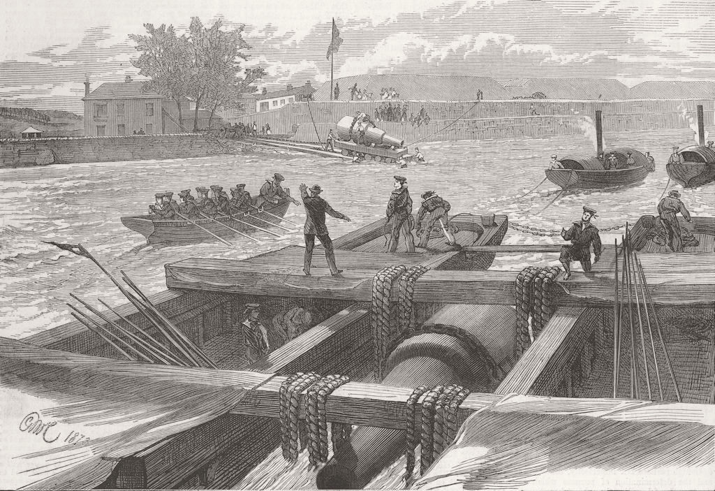 BOATS. Transporting large guns for Coast Defence 1873 old antique print
